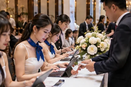 Hình minh họa thuê lễ tân sự kiện và check-in: phân ca, bố trí quầy và xử lý khách vip